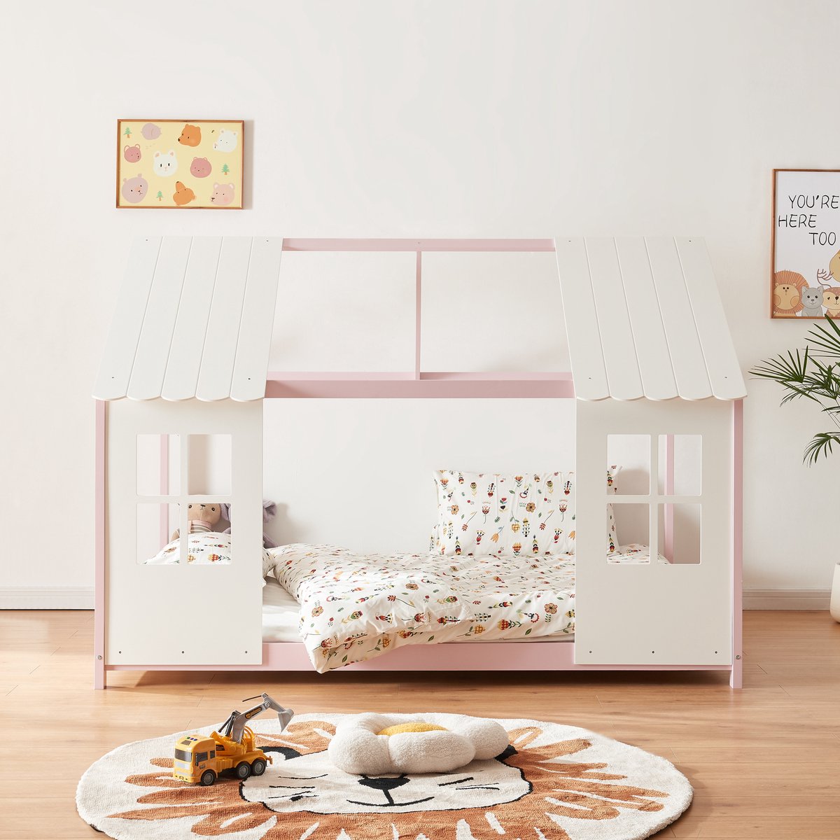 Kinderbed Tostedt huisbed met matras 120x200 cm roze en wit [en.casa]