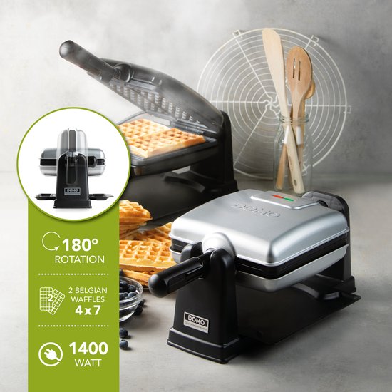 DOMO DO9272W Roterend Wafelijzer - 1400W - 2 klassieke Belgische Wafels (4x7) - Anti-aanbaklaag - 180° Rotatie — afbeelding 2