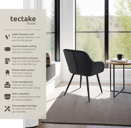 tectake®- Fluwelen stoel met gestikt patroon - Moderne eetkamerstoel - Kuipstoel - Woonkamer, eetkamer, lounge of kaptafelstoel - Div. kleuren - Zwart/zwart