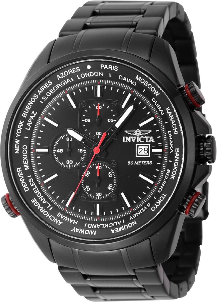 Invicta Aviator 47820 Heren Horloge - Waterdicht - Analoog - Quartz Uurwerk - Roestvrij Staal met zwarte Wijzerplaat - 50mm