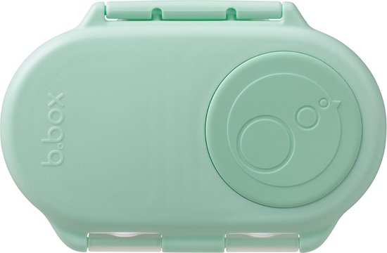 Boîte bento vert pâle fermée de b.box avec un logo.