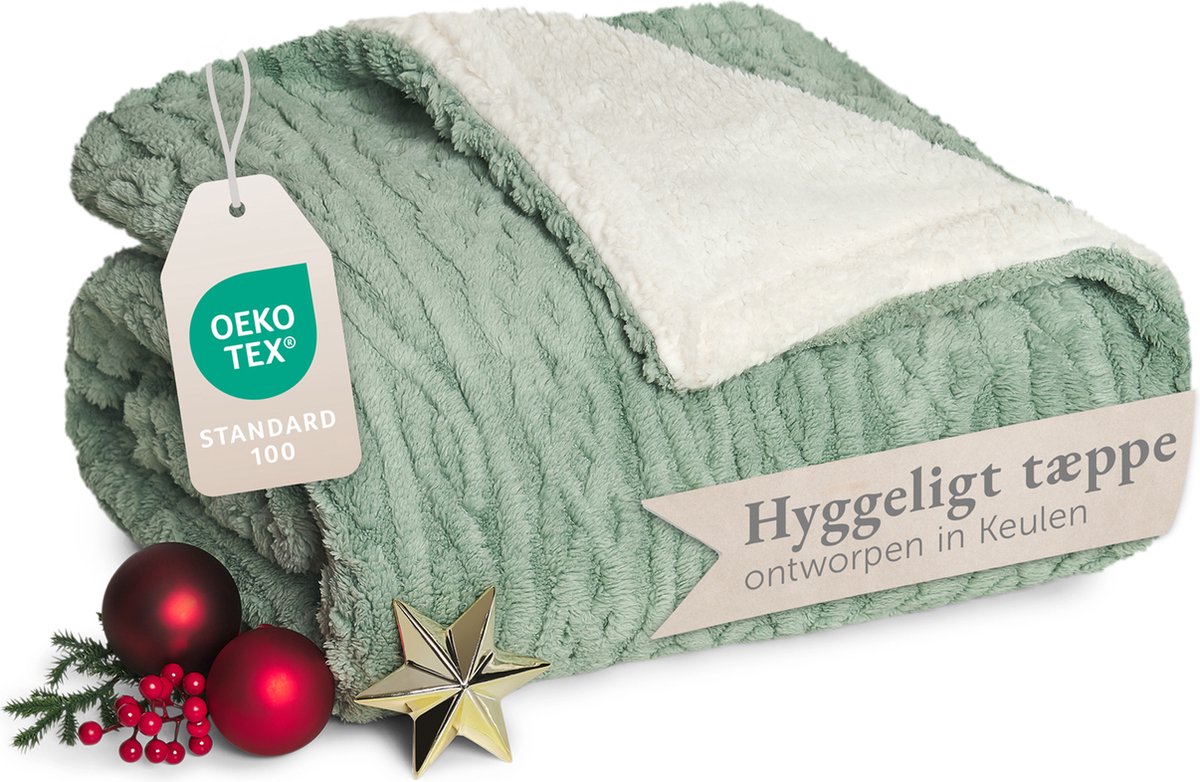 Blumtal Fleece Deken - Kabelgebreide look - 220x240 cm - Oeko-TEX gecertificeerd - Microvezel Fleece Deken - Zachte Sherpa Binnenkant - Mintgroen en Ivoor