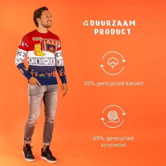 JAP Christmas Around the World Kersttrui voor kinderen (maat 134/140) - 100% Gerecycled - Kriebelt niet - Kerstcadeau - Foute Kersttrui jongens en meisjes (9/10 jaar) - Nederland - Rood/Wit/Blauw