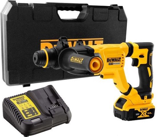 Gele DeWalt SDS-Plus combihamer met zwart handvat, 18V XR accu, oplader en koffer.