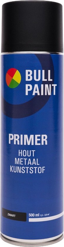 Bullpaint spuitverf primer zwart - 500 ml - voor hout metaal en kunststof - sneldrogend - grondverf spuitbus