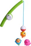 Groene hengel met op de lijn een rode/witte dobber, oranje vis, blauwe duiker en roze octopus.