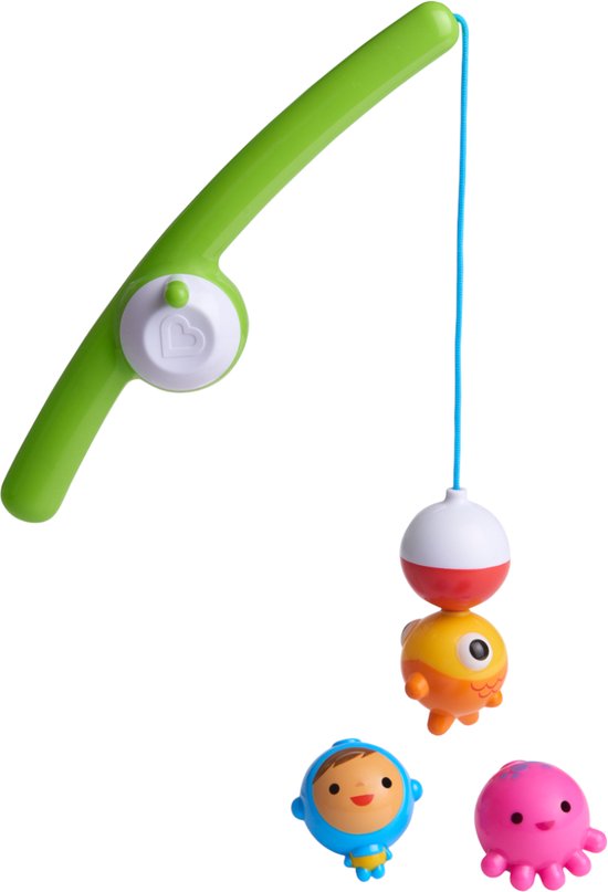 Groene hengel met op de lijn een rode/witte dobber, oranje vis, blauwe duiker en roze octopus.