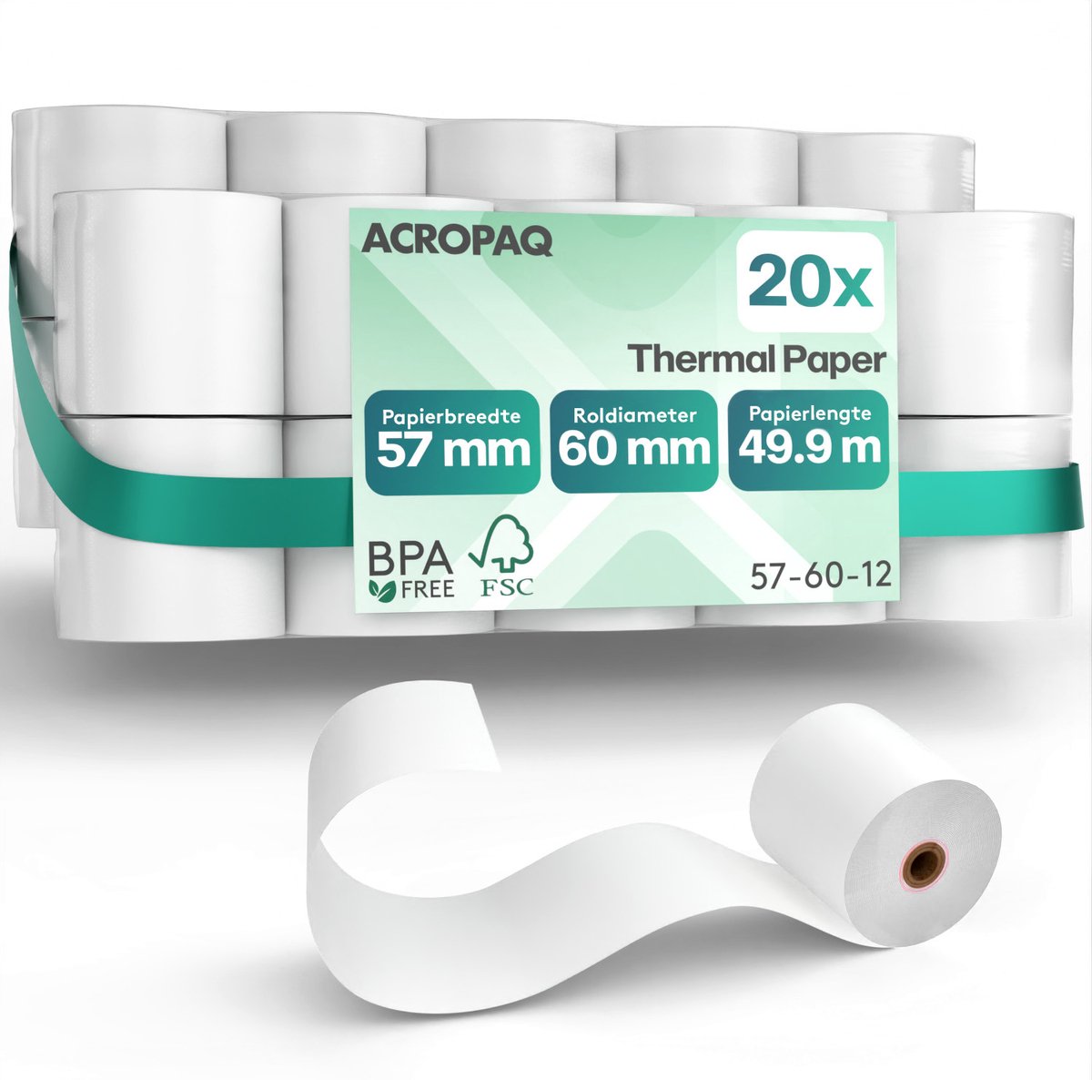 ACROPAQ - 20 x Pinrollen 57x60 mm - 49,9 meter - Thermisch papier BPA-vrij - Kassarollen voor pocket printer