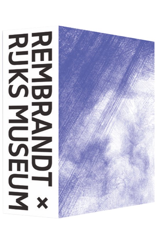 Boek met de tekst 'REMBRANDT x RIJKS MUSEUM' op de zijkant. De voorkant heeft een blauwe schetsmatige tekening.