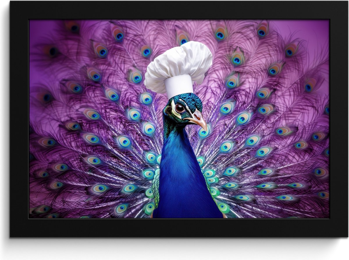 FrameYourWall Fotolijst inclusief poster - Posterlijst 30x20 cm - Posters - Pauw - Koksmuts - Cool - Paars - Foto in lijst - Keuken decoratie muur - Wanddecoratie accessoires - Muurdecoratie - Schilderijen Koksmuts - Pauw