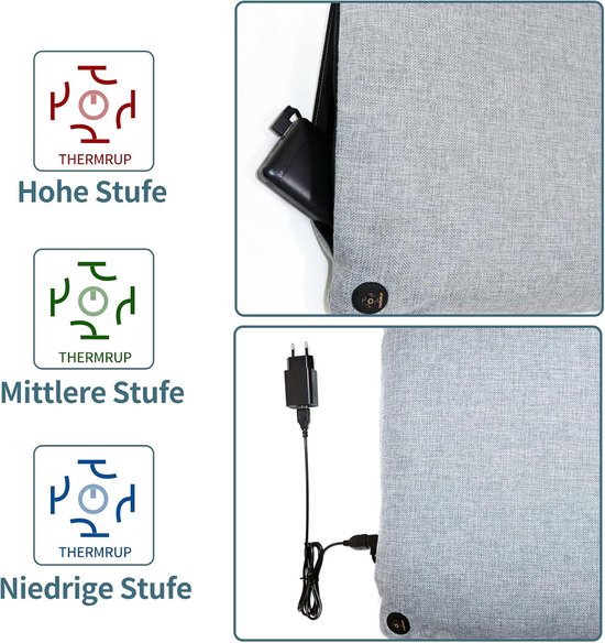 Kussen met aan/uit knop, stekker en indicatie voor hoge, middel en lage stand.