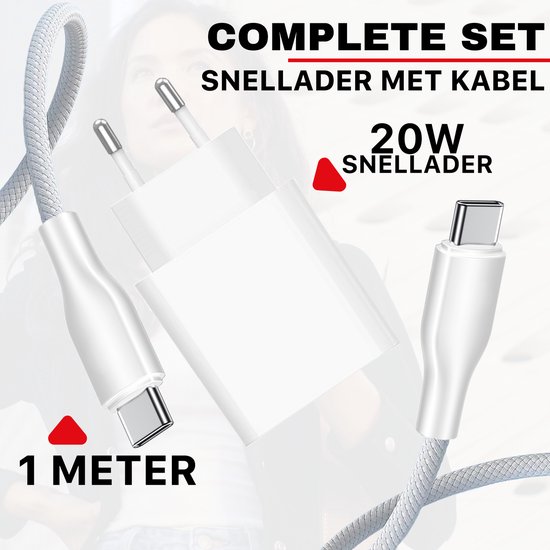 Complete set: 20W snellader met 1 meter witte kabel. Wit stekkerblok met USB-C poort.