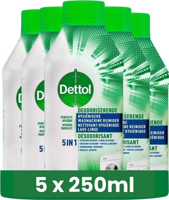 Cinq bouteilles de Dettol Nettoyant Machine avec bouchons verts et étiquettes blanches sur fond blanc. Texte: 5 x 250ml.