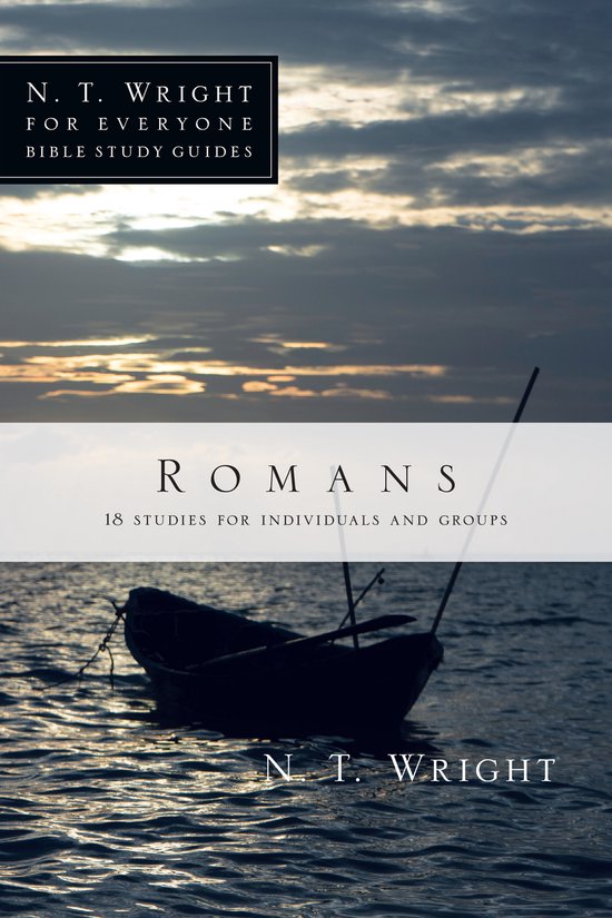 Boek "Romans" van N.T. Wright. De cover toont een bootje op het water bij zonsondergang.