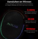 De headset heeft een gaasontwerp met RGB-verlichting. Connectiviteit: 2.4GHz, 25ms latency, 10 meter.