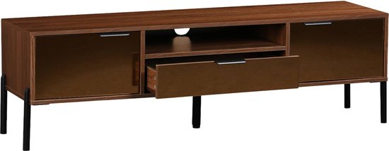 Houten tv-meubel met een open lade, donkerbruine deuren en zwarte poten.