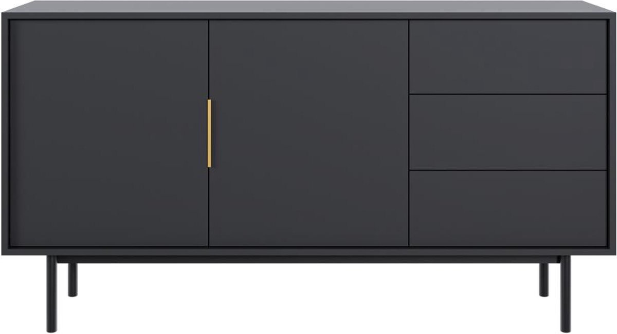 Buffet Design 2 Portes + 3 Tiroirs - Noir Avec Poignée Dorée - 154x82x39 Cm - Montage Facile - Fabriqué En Europe