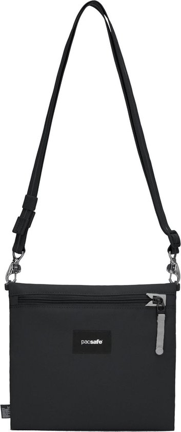 Zwarte Pacsafe crossbody tas met verstelbare schouderband en ritsvak.