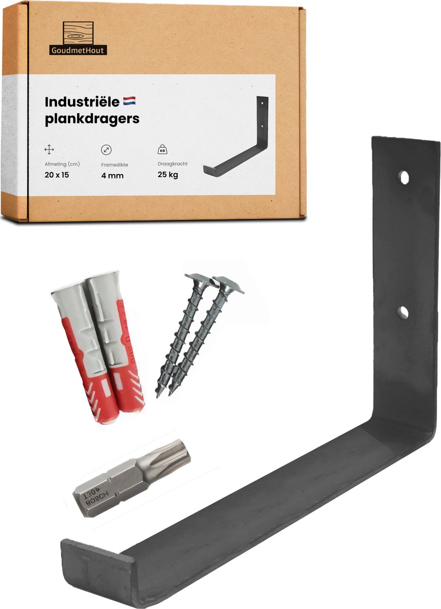 GoudmetHout® Industriële Plankdragers L-vorm UP - 20 cm - Stalen Plankdrager voor Wandschap, Muurrek of Wandconsole - Max 25 kg - 1 stuk - Mat Blank