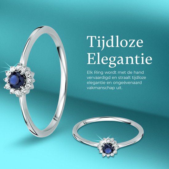 Bague couleur argent avec un saphir bleu foncé au centre, entouré de pierres blanches scintillantes. Texte : "Élégance Intemporelle".