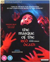 Blu-ray hoes van The Masque of the Red Death, met Vincent Price die paniekerig naar boven kijkt, omringd door rode handen.