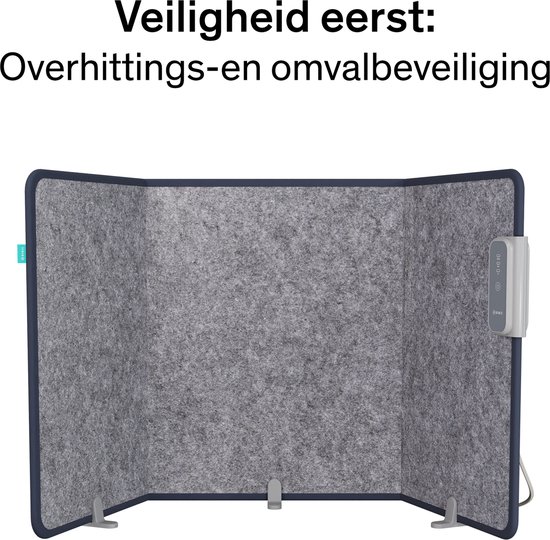Grijze opvouwbare infrarood kachel van vilt met donkergrijs randje en beveiliging tegen oververhitting en omvallen.