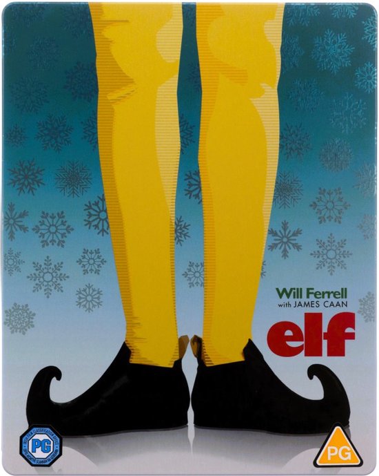 Een close-up van een paar gele panty's en zwarte elfen schoenen met krullende tenen, tegen een achtergrond van sneeuwvlokken.