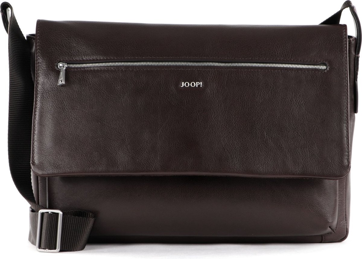 JOOP! Leren Laptoptas Schoudertas met laptopvak Treviso Janis Shoulderbag Dark Brown Bruine