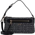 Zwarte DKNY tas met repetitief DKNY logo in grijs en goudkleurige hardware en gespen.