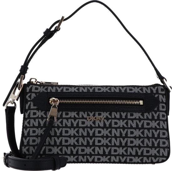 Zwarte DKNY tas met repetitief DKNY logo in grijs en goudkleurige hardware en gespen.