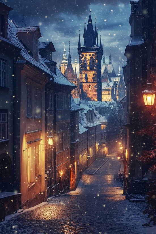 Praag Poster | Kasseien Straat Poster | Stad Poster | Cultuur Poster | Reis Poster | Europese Stad Poster | Stadsgezicht Poster | Oudheid Poster | 60x90cm | Wanddecoratie | Muurposter | 4606 | Geschikt om in te lijsten