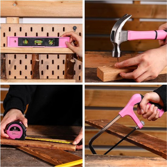 DEKO Complete elektrische gereedschapskist 186 stuks roze met 20V draadloze elektrische boormachine, 10 mm boorkop zonder sleutel, professionele doe-het-zelf huishoudelijke gereedschapskist voor