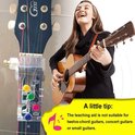 Vrouw speelt gitaar met een doorzichtig leersysteem op de hals, met gekleurde knoppen.