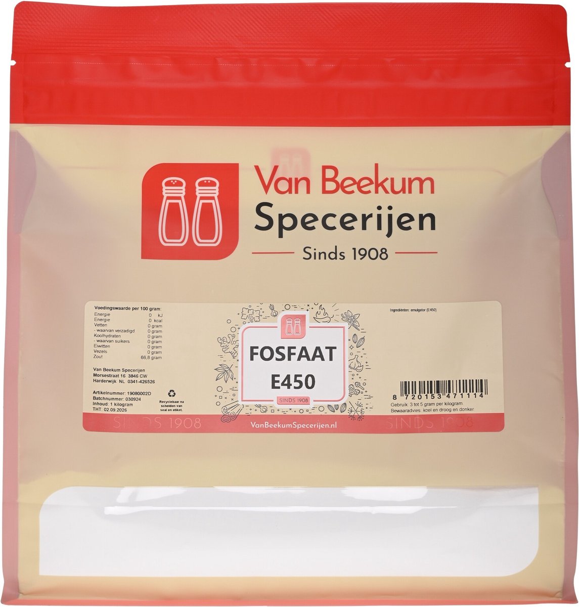 Goedkoopste Van Beekum Specerijen - Fosfaat E450 - 1 kilo (hersluitbare stazak