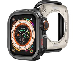 Stravo Titanium Metaal Case Hoesje – Geschikt voor Apple Watch 44mm – Full Cover Metaal Case / Beschermend Hoesje met Crown voor iWatch Series 4 / 5 / 6 & SE 1/2/3 – Geeft het uiterlijk van Apple Watch Ultra – Screenprotector Case (Zwart)