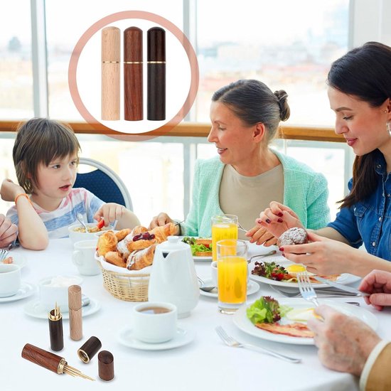 Houten tandenstokerhouder, kleine flesjes voor wat