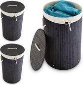 Relaxdays 3x wasmand bamboe - wasbox met deksel - 70 liter - rond - 65 x 41 cm - zwart