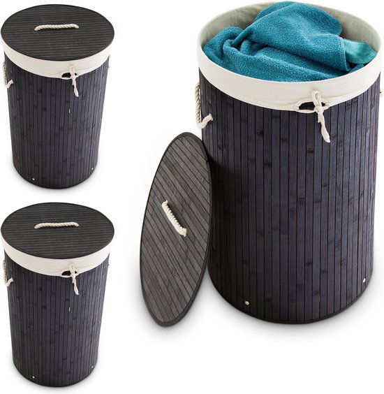 Relaxdays 3x wasmand bamboe - wasbox met deksel - 70 liter - rond - 65 x 41 cm - zwart