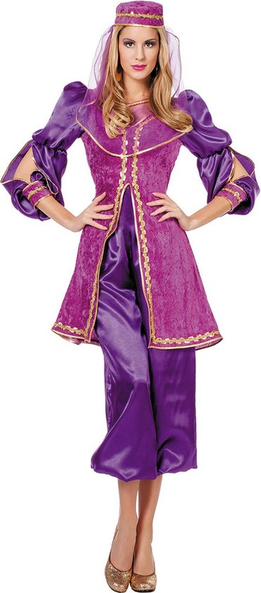 Arabisch kostuum van broek met voille ruitprint gekleurd, paarse blouse huren bij Maskerade