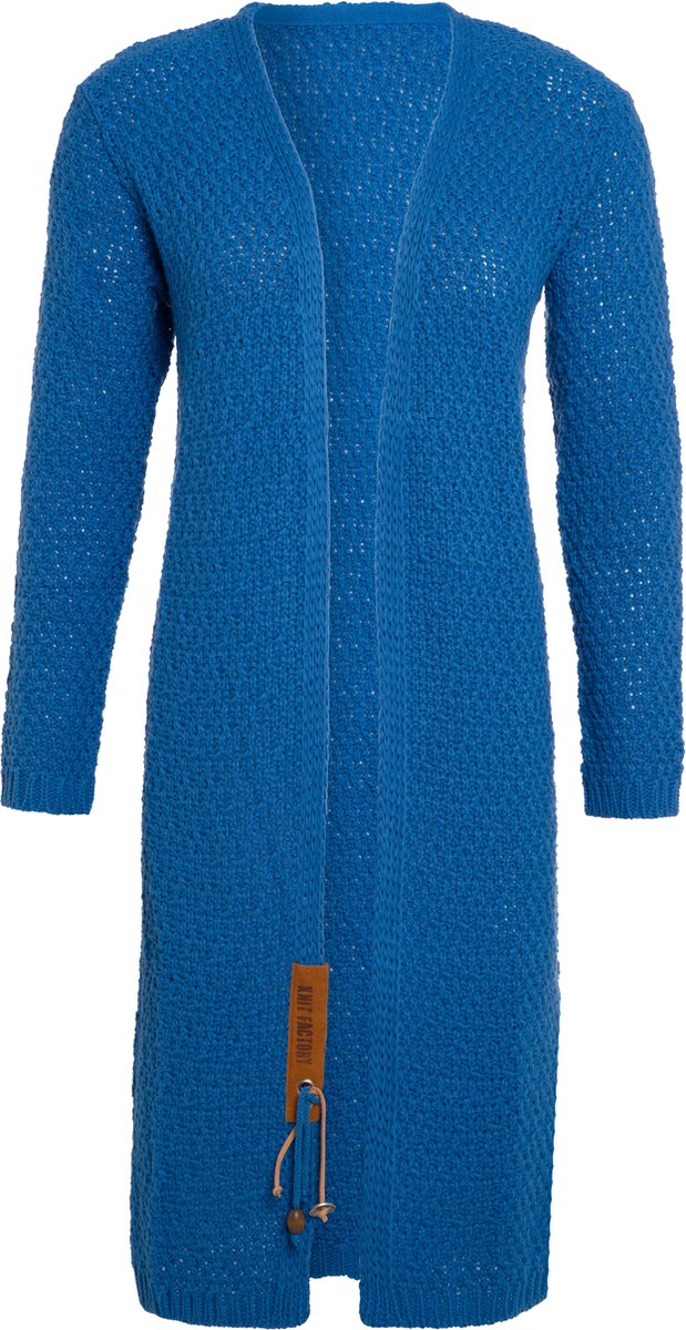 Knit Factory Luna Lang Gebreid Vest Cobalt - Gebreide dames cardigan - Lang vest tot over de knie - Blauw damesvest gemaakt uit 30% wol en 70% acryl - 40/42