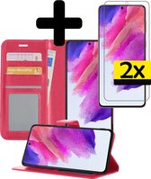 Samsung S21 FE Hoesje Book Case Met 2x Screenprotector - Samsung Galaxy S21 FE Case Hoesje Wallet Cover Met 2x Screenprotector - Donkerroze