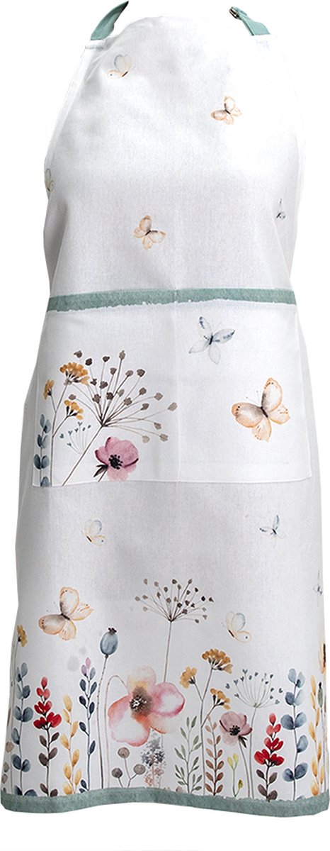 Clayre & Eef Keukenschort 70x85 cm Wit Groen Katoen Bloemen