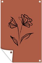 Botanical line-art roses sur fond marron affiche de jardin toile en vrac 80x120 cm - toile de jardin / toile d'extérieur / Peintures pour l'extérieur (décoration de jardin)