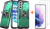 Samsung S21 FE Hoesje Heavy Duty Armor Hoesje Groen - Galaxy S21 FE Case Kickstand Ring cover met Magnetisch Auto Mount- Samsung S21 FE screenprotector 2 pack