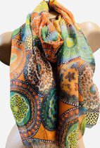 Dames lange dunne sjaal met print 180/75cm oranje/groen