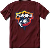 Fishing - Vissen T-Shirt | Grappig Verjaardag Vis Hobby Cadeau Shirt | Dames - Heren - Unisex | Tshirt Hengelsport Kleding Kado - Burgundy - S