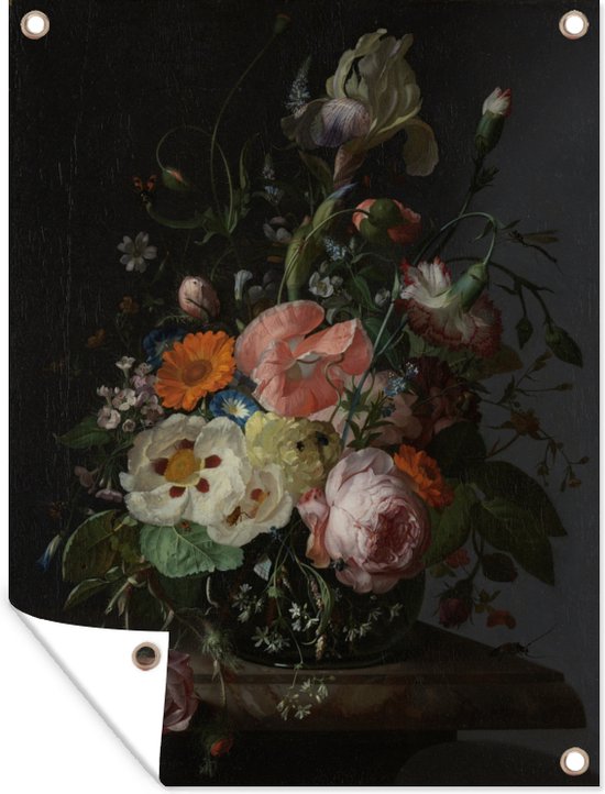 Tuinschilderij Stilleven met bloemen op een marmeren tafelblad, Rachel Ruysch, 1716 - 60x80 cm - Tuinposter - Tuindoek - Buitenposter