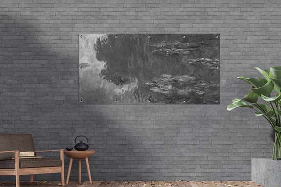 Schuttingposter Water Lilies - Schilderij van Claude Monet in zwart/wit. - 200x100 cm - Tuindoek