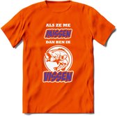 Als Ze Me Missen Dan Ben Ik Vissen T-Shirt | Paars | Grappig Verjaardag Vis Hobby Cadeau Shirt | Dames - Heren - Unisex | Tshirt Hengelsport Kleding Kado - Oranje - XL