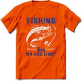 Fishing Has No Age Limit - Vissen T-Shirt | Blauw | Grappig Verjaardag Vis Hobby Cadeau Shirt | Dames - Heren - Unisex | Tshirt Hengelsport Kleding Kado - Oranje - S